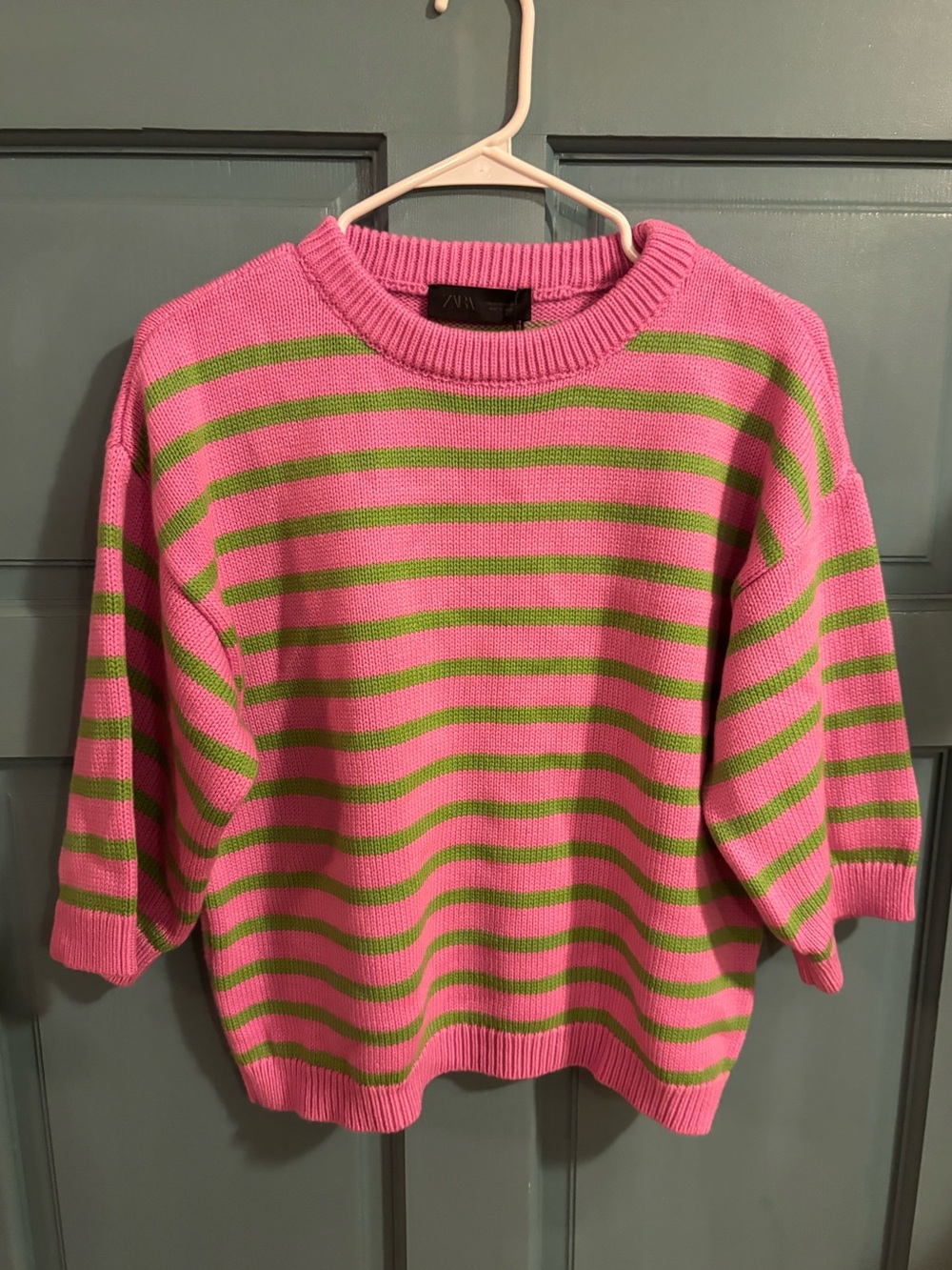 Zara Pink and Lime Striped Crewneck Sweater